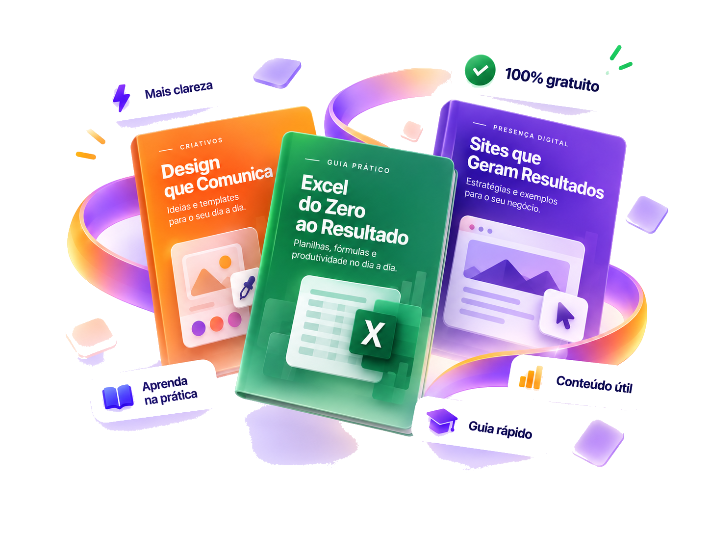 Composição visual com materiais gratuitos sobre Excel, criativos e presença digital
