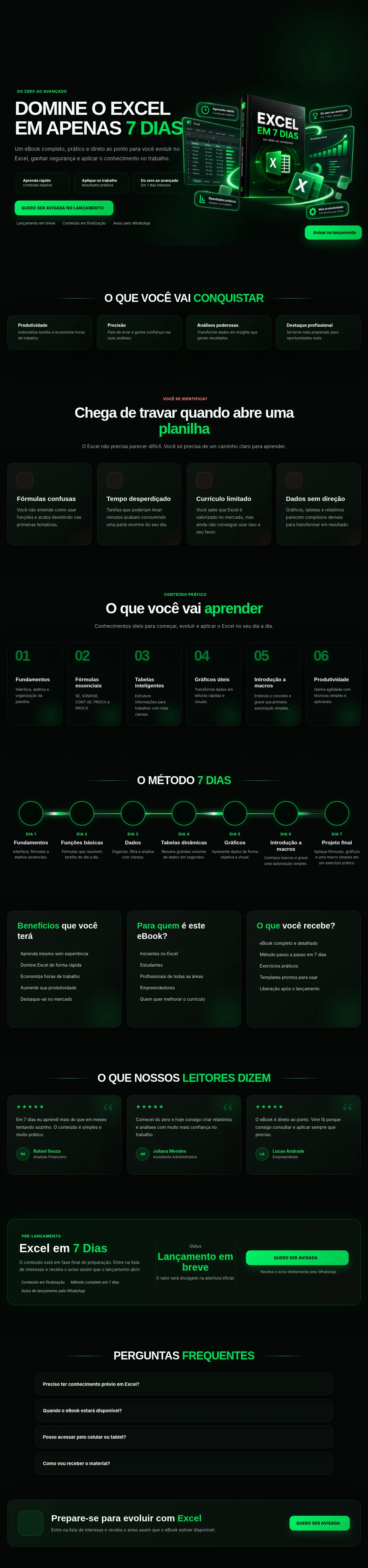 Prévia da landing page do e-book Excel em 7 Dias